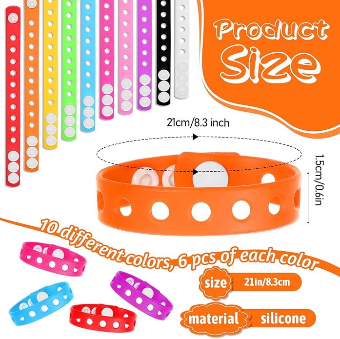 60 Pcs 10 Colors Silicone Bracelets Wristbands, 8.3 Inch Cute Silicone Adjustable Wristband, Adjustable Rubber Bracelets with Holes in Bulk, for Swimming Identify Shoe Charms Party Birthday Gifts