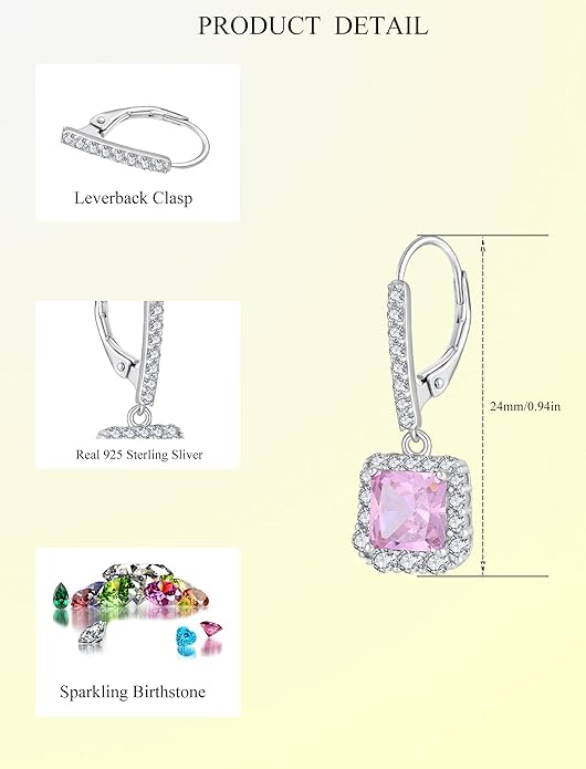 Square Dangle Drop Earrings Sterling Silver Halo Leverback Earrings Birthstone Jewelry for Women