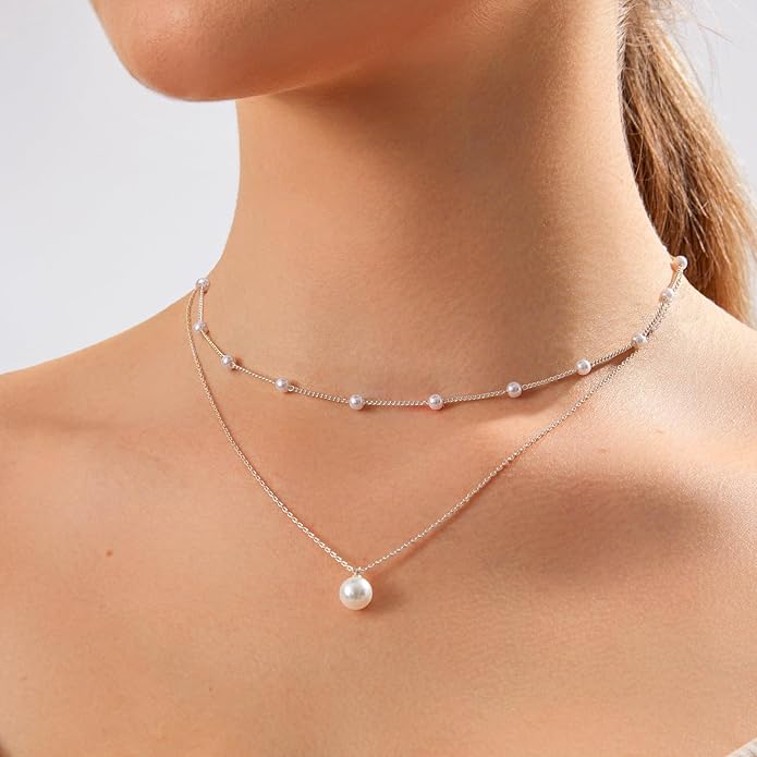 Zeffy Gold Pearl Necklace for Women, Dainty 14K Gold/Silve Plated Layered Pearl Choker Pearl Earrings Pearl Bracelets Wedding Trendy Gold Jewelry Set for Women Gifts