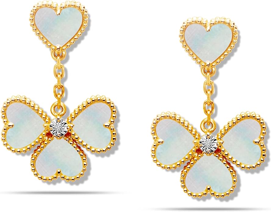 LeCalla 925 Sterling Silver Drop Earrings | Mother of Pearl Clover Earring | Mother of Pearl Stud Earring | Zirconia MOP Drop Dangle Hoop Earrings for Women