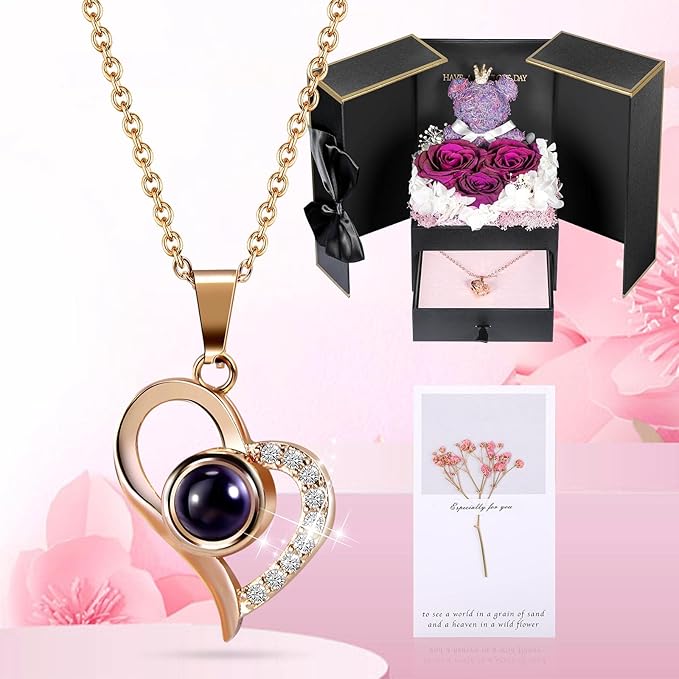 ADDWel Rose Gifts for Women - Preserved Real Roses Forever Purple Flowers with I Love You in 100 Languages Necklace and Cute Moss Bear for Girlfriend Wife Mom Grandma on Birthdays, Anniversaries