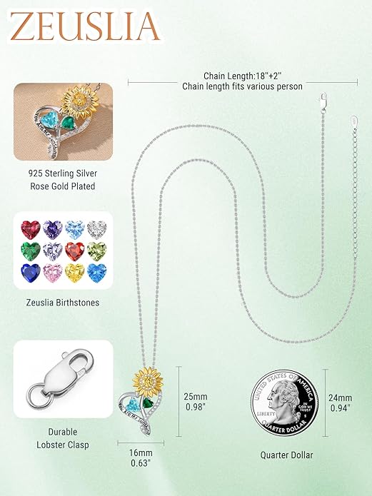 Zeuslia Double Birthstone Necklace Gifts for Wife - 925 Sterling Silver Sunflower/Rose/Crown Cross/Compass/Heart Pendant I Love You Necklace, Anniversary Birthday Gifts for Wife Girlfriend Mom Her
