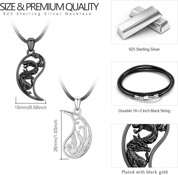 OHAYOO Dragon Phoenix Matching Necklace for Couples 925 Sterling Silver Yin Yang Pendant Necklaces for Couples Jewelry for Him and Her