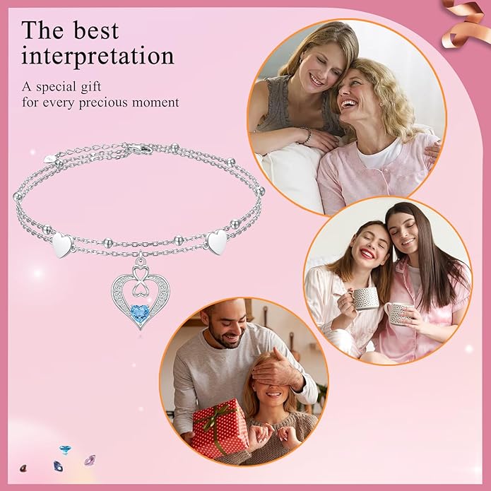 925 Sterling Silver Ankle Bracelet for Women Heart Multilayer Anklets Dainty Beaded Chain Adjustable 9+1 Inches for Summer Cute Beach Foot Jewelry