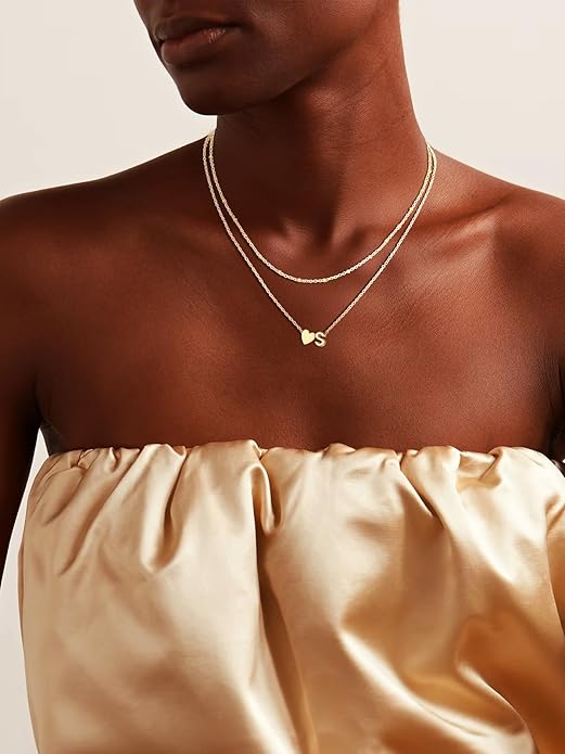 FOCALOOK Layered Initial Necklace for Women, 14K Gold Plated Choker Necklaces Stacks with Initial A-Z, Dainty Silver Heart Pendant Necklace Personalized Birthday Women Jewelry