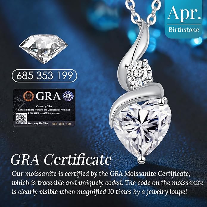 Moissanite Heart Pendant Necklaces for Women, 925 Sterling Silver Necklace with Birthstone, Ideal Anniversary Present or Birthday Christmas Valentine Mothers Day Jewelry Gifts for Mom Wife Her Girlfriend