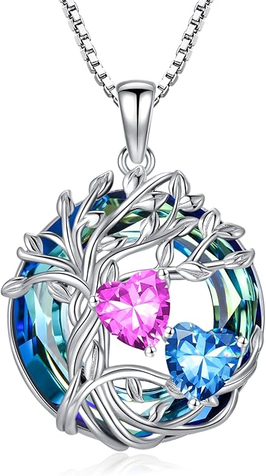 TOUPOP s925 Sterling Silver Family Celtic Tree of Life Pendant Necklaces with 2 Heart Birthstone with Blue Austrian Crystal Jewelry Birthday Anniversary Christmas Gifts for Her Wife Girlfriend Mom (18K Real White Gold Filled)