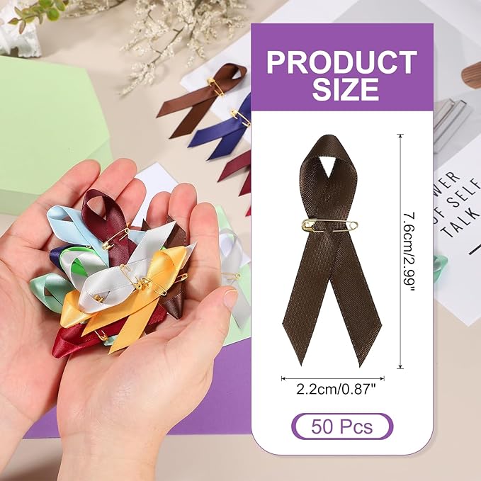 PATIKIL 50 Pcs Polyester Ribbon Satin Pins, Satin Ribbon with Safety Pins for Charity Public Social Event Party Clothing Decoration Anniversary, Brown