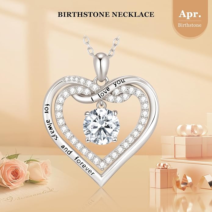 G&GEMSJEW Infinity Heart Birthstone Necklaces for Women, 925 Sterling Silver Jewelry, Pendant Heart Necklaces Birthday Anniversary Christmas Gift for Women Wife Mom Girlfriend Lady
