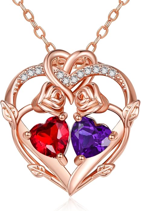 Rose Gold Necklaces for Women Double Birthstone Rose Flower Heart Pendant Necklace Jewelry Anniversary Christmas Valentine's Mother's Day Birthday Gift for Wife Mom Her Girlfriend Sister
