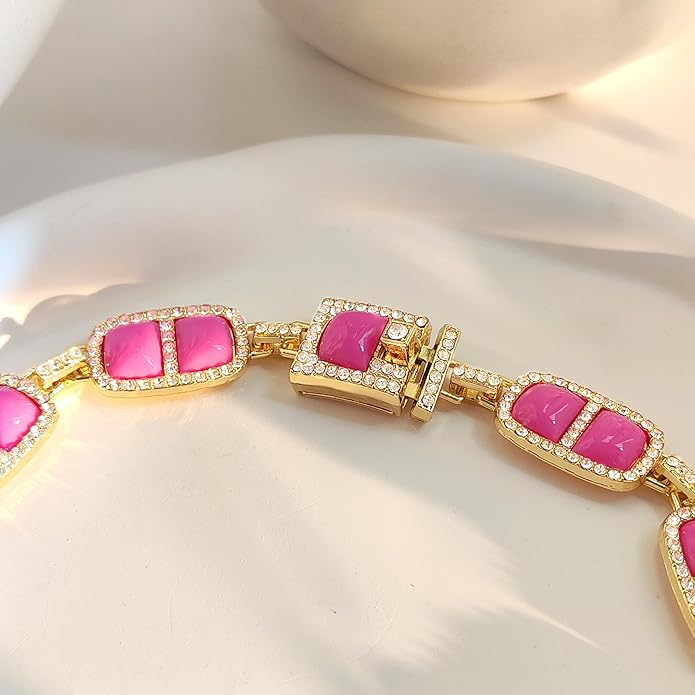 Chunky Necklace for Women 12 Colors Diamond Stone Gold Statement Necklace for Women Full Trendy Blue Birthstone Choker Necklace for Women Square Design Necklace Jewelry