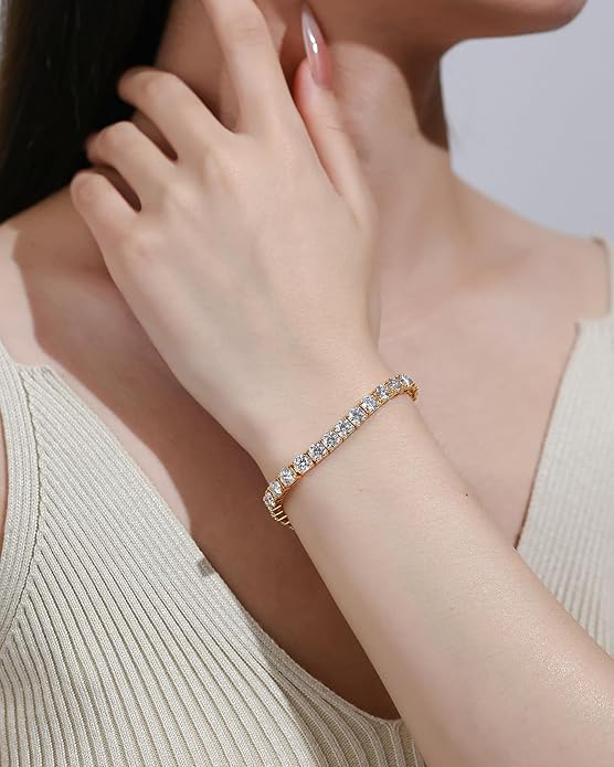FANCIME Moissanite Tennis Bracelet 4.7-19 Carats 18K Gold Plated 925 Sterling Silver Tennis Bracelet 3mm/4mm/5mm D Color VVS1 Round Cut Moissanite Bracelet for Women Men