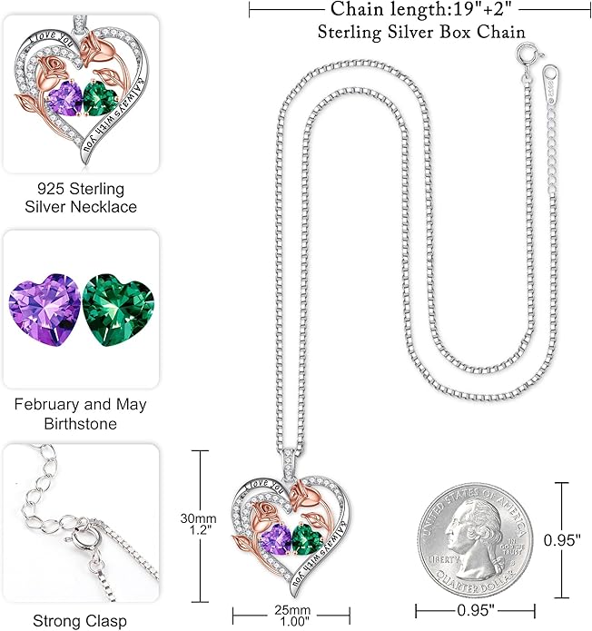 Iefil Birthstone Necklace for Women - 925 Sterling Silver Rose Heart Birthstone Necklace Birthday Anniversary Jewelry Gifts for Her Wife Mom Daughter