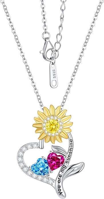 PERJI Valentine's Day Gifts for Women - 925 Sterling Silver Double Birthstone Sunflower Necklace, Anniversary Birthday Jewelry You are My Sunshine Gifts for Wife Couple Girlfriend 18"+2" Non Tarnish