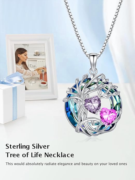 TOUPOP s925 Sterling Silver Family Celtic Tree of Life Pendant Necklaces with 2 Heart Birthstone with Blue Austrian Crystal Jewelry Birthday Anniversary Christmas Gifts for Her Wife Girlfriend Mom (18K Real White Gold Filled)