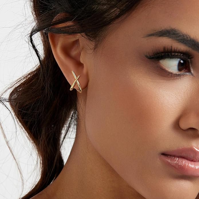 14K Gold Plated Hoop Earrings for Women Triple Huggie Illusion Stud Earring | Double Huggie Hoop Earrings for One Hole | Claw Ear Cuff Earring Jewelry Gift for Women