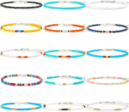 XIJIN 8Pcs Handmade Beaded Anklets for Women Boho Colorful Beads Ankle Bracelets Adjustable Foot Anklet Set