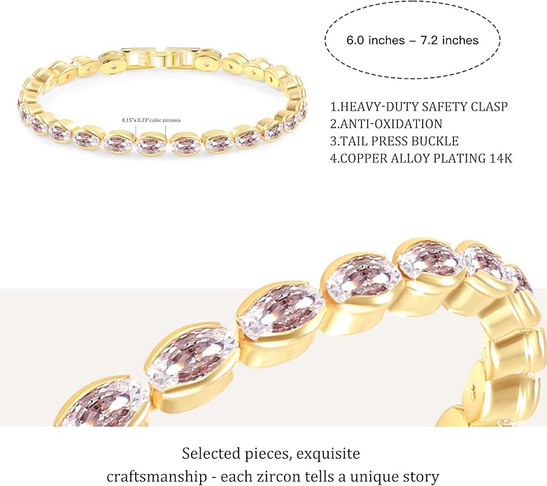 14K Gold Plated Tennis Bracelet for Women – Classic CZ Link Design, Fits 6.0"–7.2" Wrists – Stylish Sparkling Jewelry Gift, Timeless Tennis Bracelets for Women