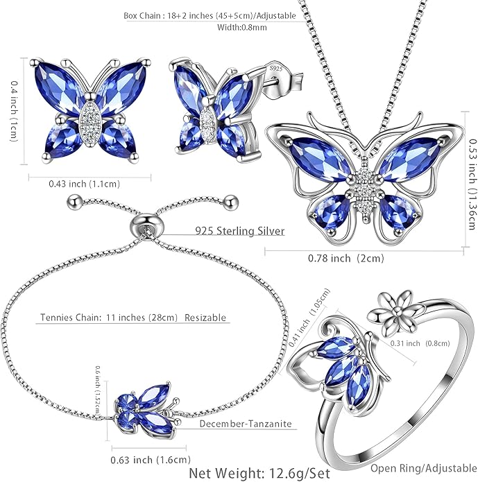 Aurora Tears Butterfly Jewelry,Women 925 Sterling Silver Butterflies Birthstone Pendant Necklace/Earrings/Rings Wedding Gift