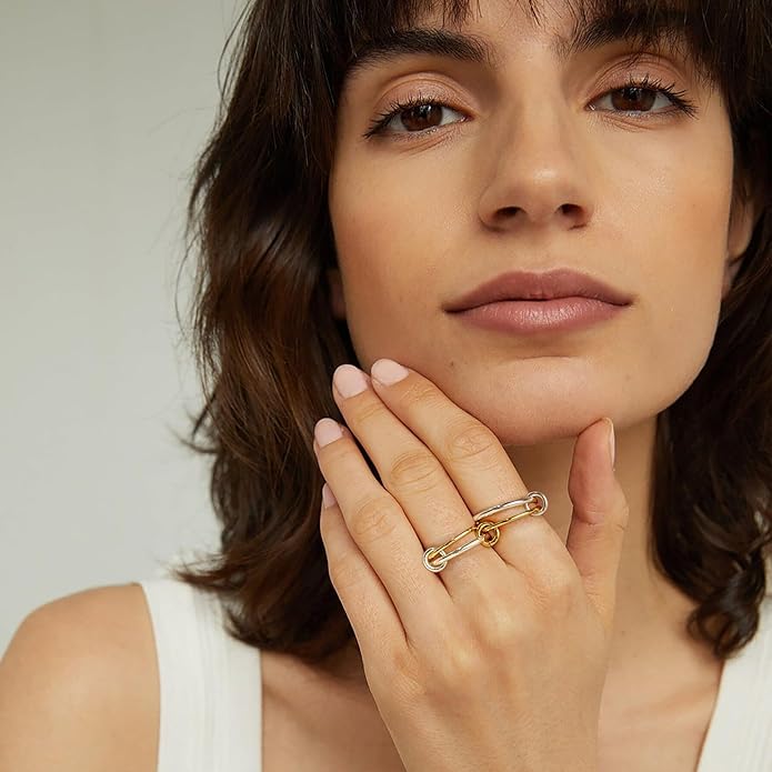 NOKMIT 14K Gold Plated 4 Interlocking Stackable Rings Set with CZ Cubic Zirconia Gold & Silver Mixed Metals Multi-Link Connected Statement Bands for Women Hypoallergenic Non Tarnish Jewelry Gifts