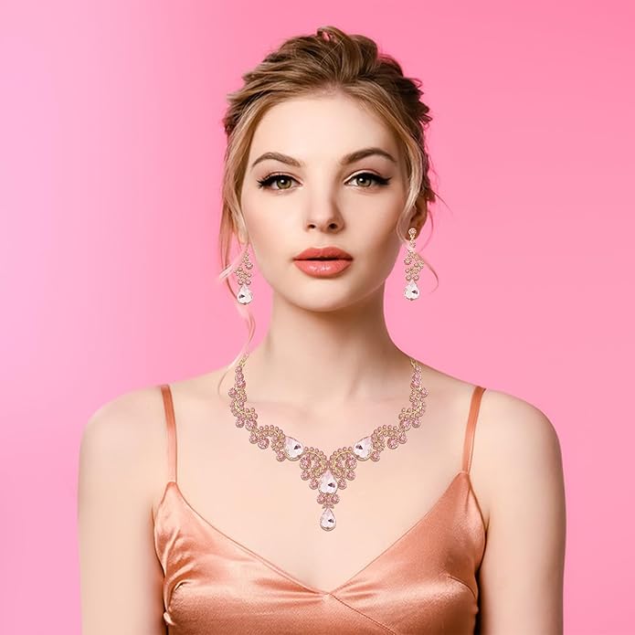 Paxuan Crystal Bridal Wedding Jewelry Sets for Women Rhinestone Teardrop Crystal Statement Choker Necklace Drop Earrings Link Bracelets Rings Teardrop Jewelry Set for Brides Bridesmaids