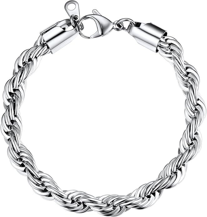 U7 Link Bracelets for Men, Cuban Link/Rope/Watch Band Solid Bracelet, Silver Black Gold Color Wrist Bracelet 3/6/9/12/15mm Width, 6.5/7.5/8.3 Inch Length, Hand Chain Jewelry for Mens Women