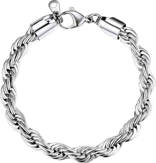 U7 Link Bracelets for Men, Cuban Link/Rope/Watch Band Solid Bracelet, Silver Black Gold Color Wrist Bracelet 3/6/9/12/15mm Width, 6.5/7.5/8.3 Inch Length, Hand Chain Jewelry for Mens Women