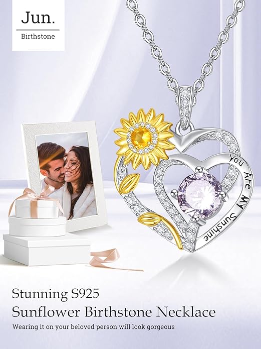 Zeuslia Double Birthstone Necklace Gifts for Wife - 925 Sterling Silver Sunflower/Rose/Crown Cross/Compass/Heart Pendant I Love You Necklace, Anniversary Birthday Gifts for Wife Girlfriend Mom Her
