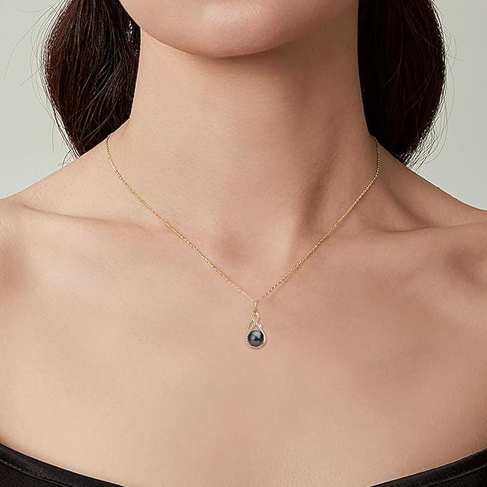 DENGGUANG Tahitian Black Pearl Necklace for Women Genuine 9-10mm Round Tahitian Cultured Pearls Pendant 18K Gold Plated 925 Sterling Silver - Jewelry Gifts for Mom Wife Daughter