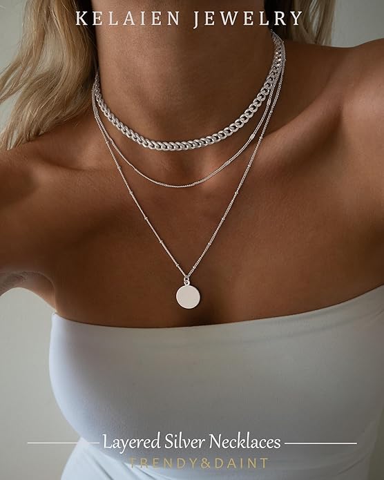 Layered Gold Silver Necklace for Women Non Tarnish,Dainty Choker Statement Chunky Necklace Stack Charm Pendant Chain Necklace Set 14K Gold Plated Long Stacked Womens Necklaces Trendy Jewelry Gift