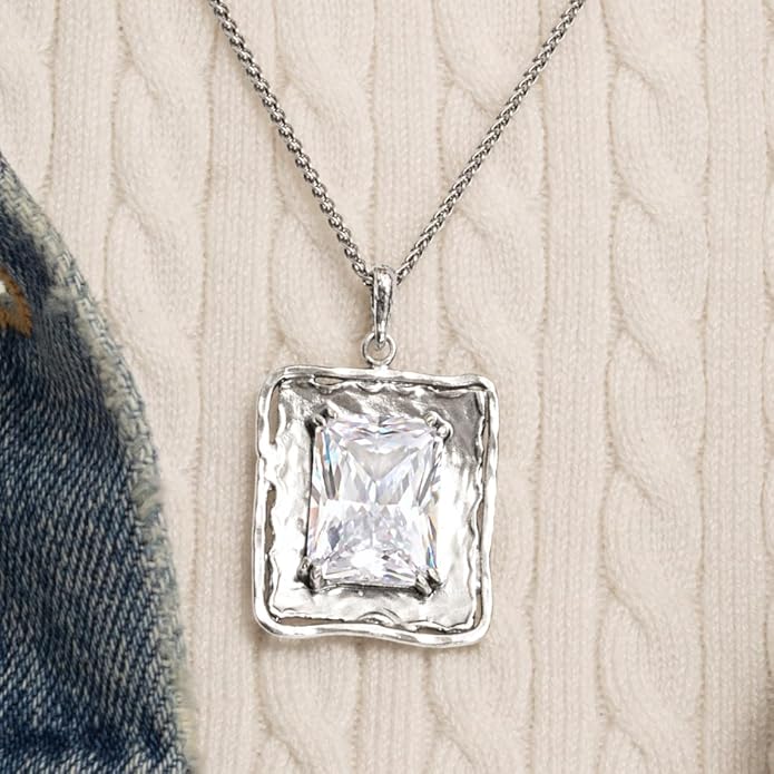 JEAN RACHEL JEWELRY 925 Sterling Silver Necklace for Women - Octagon Cubic Zirconia Prong-set Vintage Design - Hypoallergenic, Lead & Nickel Free Jewelry - Artisan Handcrafted Statement Necklace