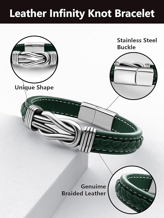 Mens Black Braided Leather Bracelet, Green/Red/Brown/Black Braided Leather Infinity Knot Bracelets for Men with Stainless Steel Clasp, 7.5/8.5/9in Length