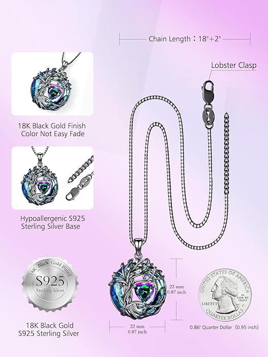 TOUPOP Christmas Gifts Tree of Life Birthstone Necklace 925 Sterling Silver Pendant Austrian Crystal Jewelry Anniversary Birthday Gifts for Women Mom Her Wife