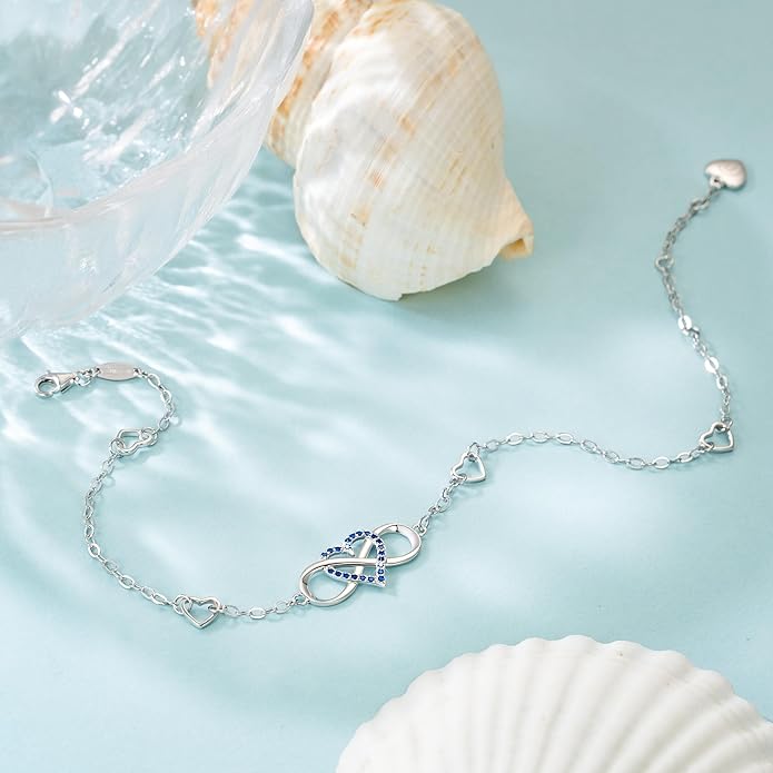 BlingGem Anklets for Women 925 Sterling Silver Infinity Hear Ankle Bracelet Cubic Zirconia Rose Gold Summer Beach Stylish Foot Chain Summer Vacation Jewelry Gift for Mom Women