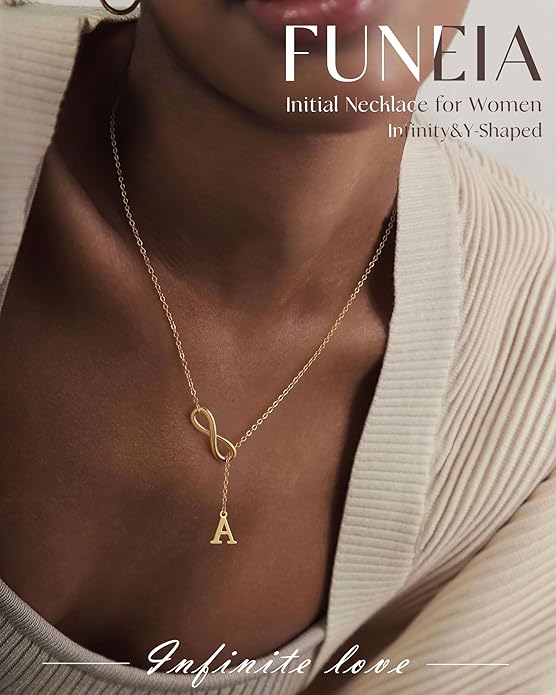 FUNEIA Gold Initial Necklaces for Women Trendy Dainty Long 14K Gold Plated Infinity Lariat Letter Necklace Non Tarnish Friendship Personalized Name Drop Pendant Y Necklace Stack Jewelry Gift