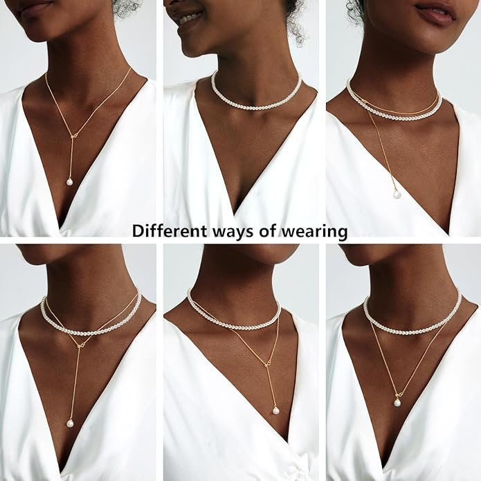 Zeffy Gold Pearl Necklace for Women, Dainty 14K Gold/Silve Plated Layered Pearl Choker Pearl Earrings Pearl Bracelets Wedding Trendy Gold Jewelry Set for Women Gifts