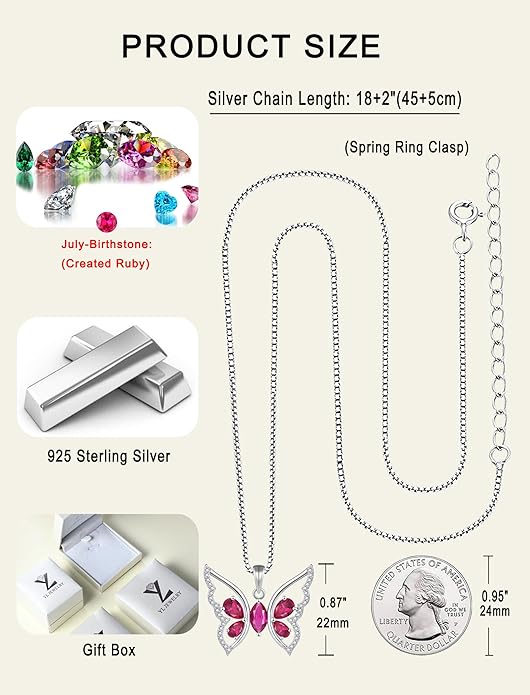 YL Women's Butterfly Necklace 925 Sterling Silver Flower Rose Pendant Birthstone Halo Jewelry