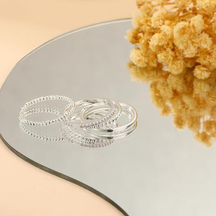 Gold Silver Stackable Rings for Women Non Tarnish 1.3mm Thin Silver Rings Set 14K Gold Plated Dainty Trendy Cubic Zirconia Band Stacking Thumb Ring Jewelry Gifts Size 5-10