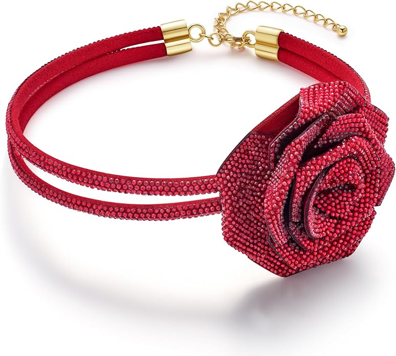 Rose Choker Necklace for Women Gothic Floral Crystal Rhinestone Collar Necklace Short Chain Statement Choker Wedding Party Costume Jewelry Gift for Her