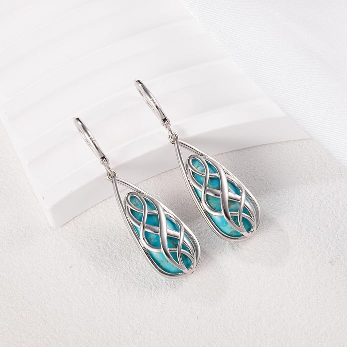Turquoise Earrings for Women, Turquoise Jewelry for Women S925 Sterling Silver Dangle Teardrop Earrings Celtic Design, Boho Jewelry Gift for Friend Lover Mother