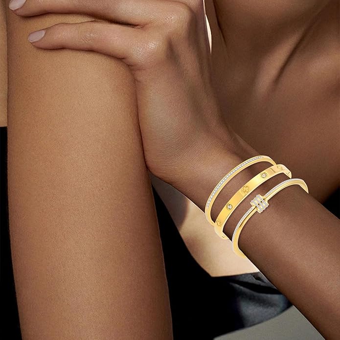 Gold Bracelets for Women - Stackable Bangles with Friendship & Love Theme - Stainless Steel Jewelry Gift for Her