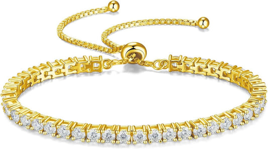 1.2-12 CTTW Moissanite Tennis Bracelet for Women, Adjustable 2-5mm D Color VVS1 Round Cut Moissanite Bolo Bracelet, 18K Gold Plated 925 Sterling Silver Simulated Diamond Bracelet Gifts for Women Her