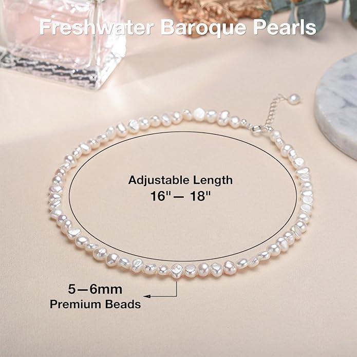 Natural Pearls Choker Necklace for Women Freshwater Baroque Pearl Strand Necklace Chain Cultured Baroque Pearl 18K Gold Plated & S925 Sterling Silver Clasp Choker