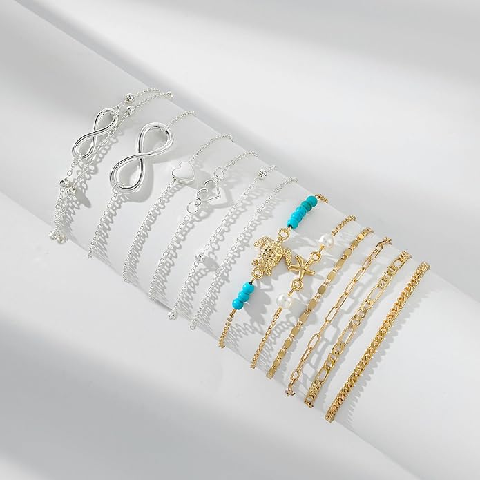 Starain 12Pcs Summer Beach Anklets for Women Waterproof Gold Silver Chain Ankle Bracelets Cute Women's Foot Anklet Set 7.9-10.5 inch Adjustable