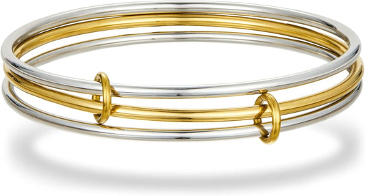 HANRESHE Mixed Metal Bracelet Stack Two Tone Bracelets for Women Silver and 14K Gold Plated Interlocked Stackable Bangle Set Stainless Steel Non Tarnish Bangle 7.5 inch