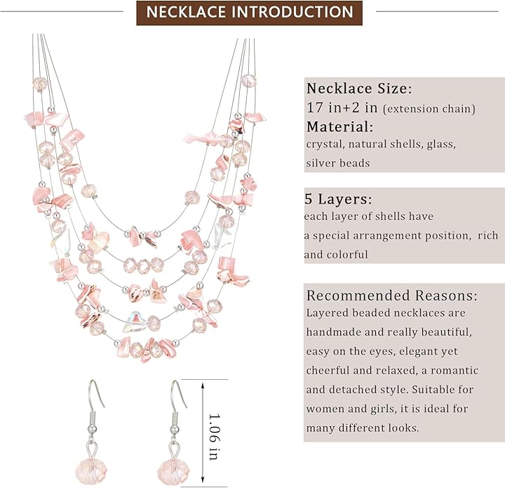 Multi-Layer Boho Shell Beaded Necklace for Women Colorful Crystal Strand with Silver Beads Statement Collars Necklace and Earrings Costumes Jewelry Sets for Women
