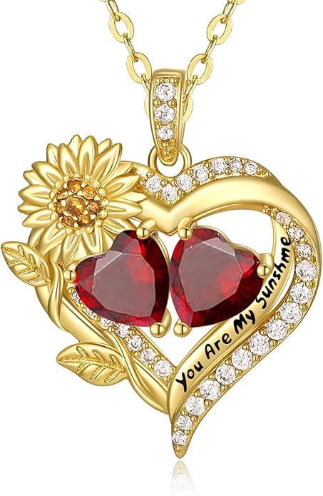 Sunflower Heart Necklace for Women 14K Gold Exquisite Anniversary Birthday Gifts for Wife Mother Her Double Birthstone Pendant jewelry‘You Are My Sunshine’