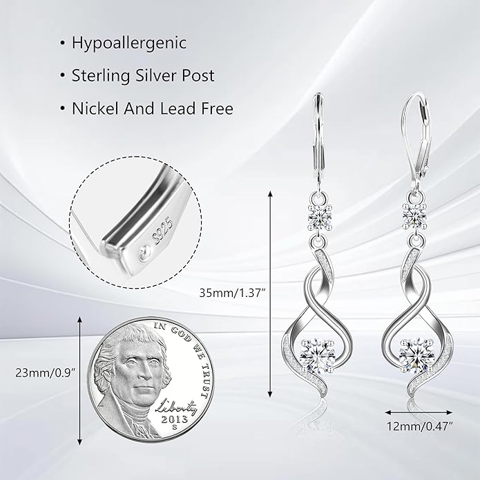 Sterling Silver Dangle Earrings for Women Trendy Hypoallergenic Leverback Silver Drop Earrings with Cubic Zirconia Double Twisted Infinity Heart Ball Charm Dangle Drop Earring Jewelry