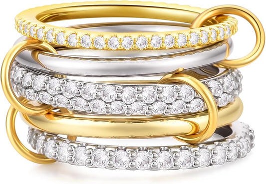 14K Gold Plated Interlocked Stackable Rings for Women Non Tarnish,Gold and Silver Cubic Zirconia Statement Rings Set,Mixed Metals Ring Two-Toned Connected Bands Stacking Jewelry