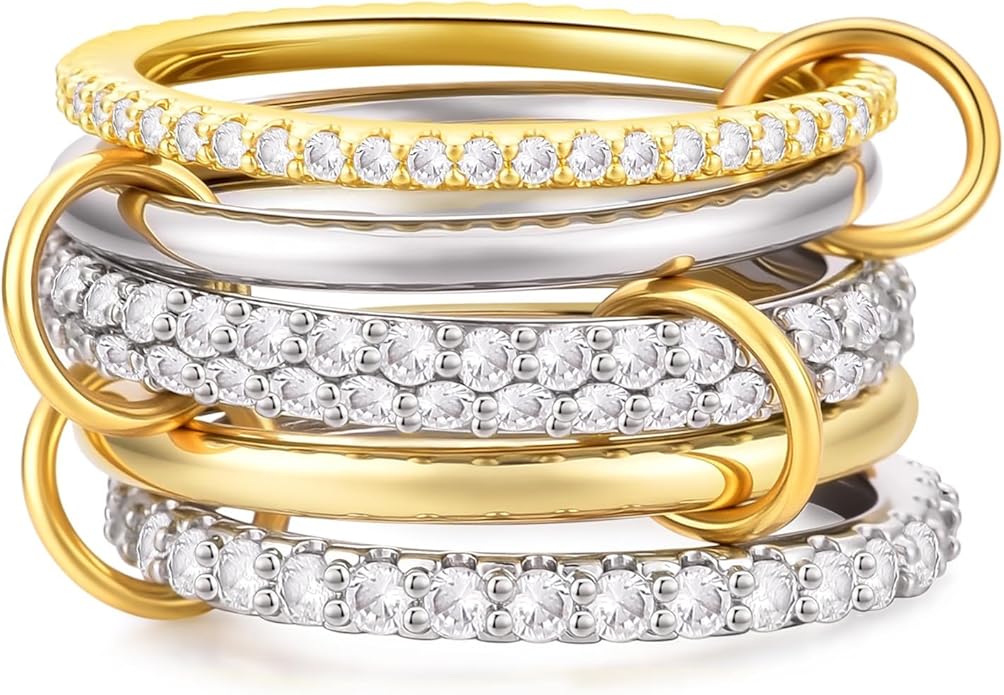 14K Gold Plated Interlocked Stackable Rings for Women Non Tarnish,Gold and Silver Cubic Zirconia Statement Rings Set,Mixed Metals Ring Two-Toned Connected Bands Stacking Jewelry